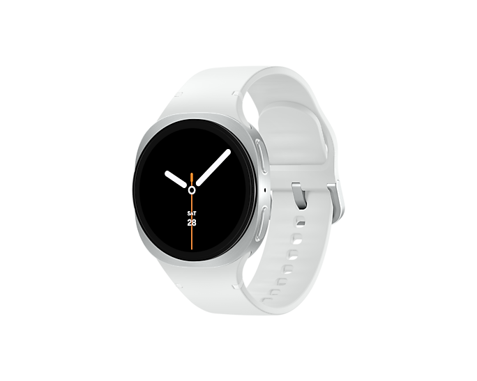Biały smartwatch ze srebrną obudową i czarną tarczą. Godzina 10:10.