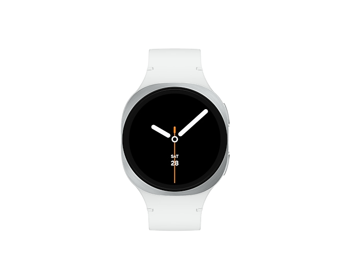 Biały smartwatch ze srebrną ramką i czarną tarczą.