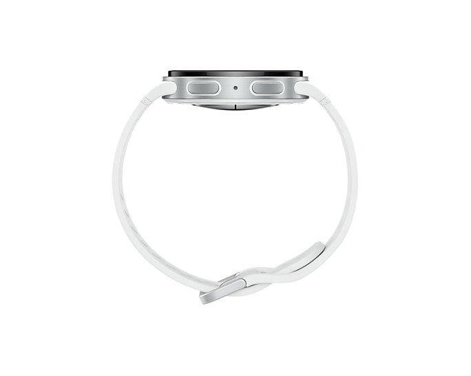 Biały smartwatch z srebrną obudową i białym paskiem, widziany z boku.