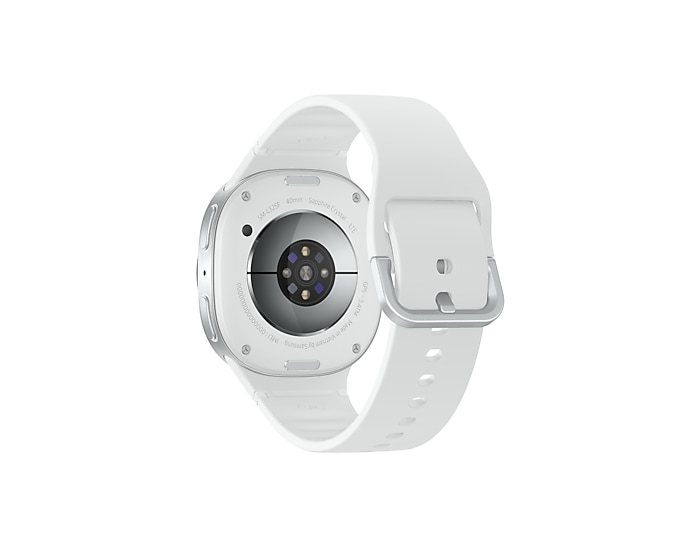 Biały smartwatch ze srebrną obudową i czujnikiem tętna z tyłu.