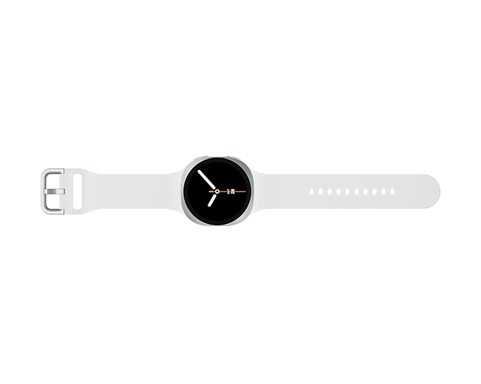 Biały smartwatch z okrągłą tarczą i cyfrowym wyświetlaczem.
