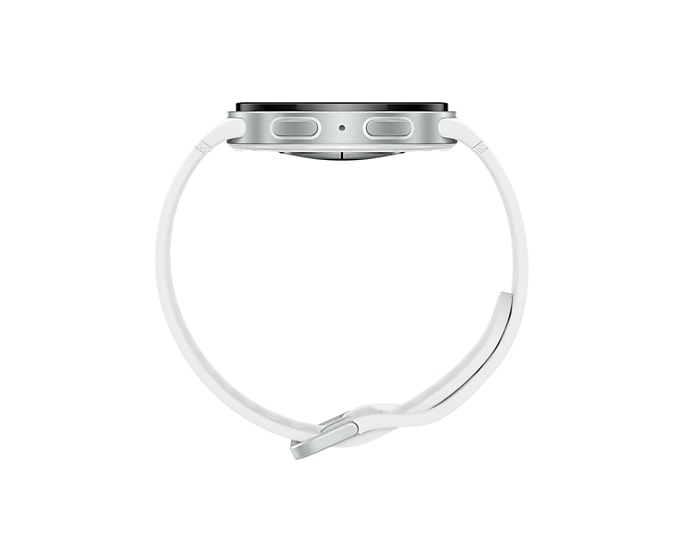 Biały smartwatch z srebrną kopertą i dwoma przyciskami z boku.
