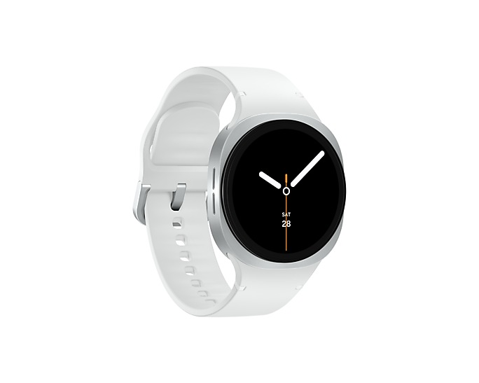 Biały smartwatch z srebrną obudową na białym tle.