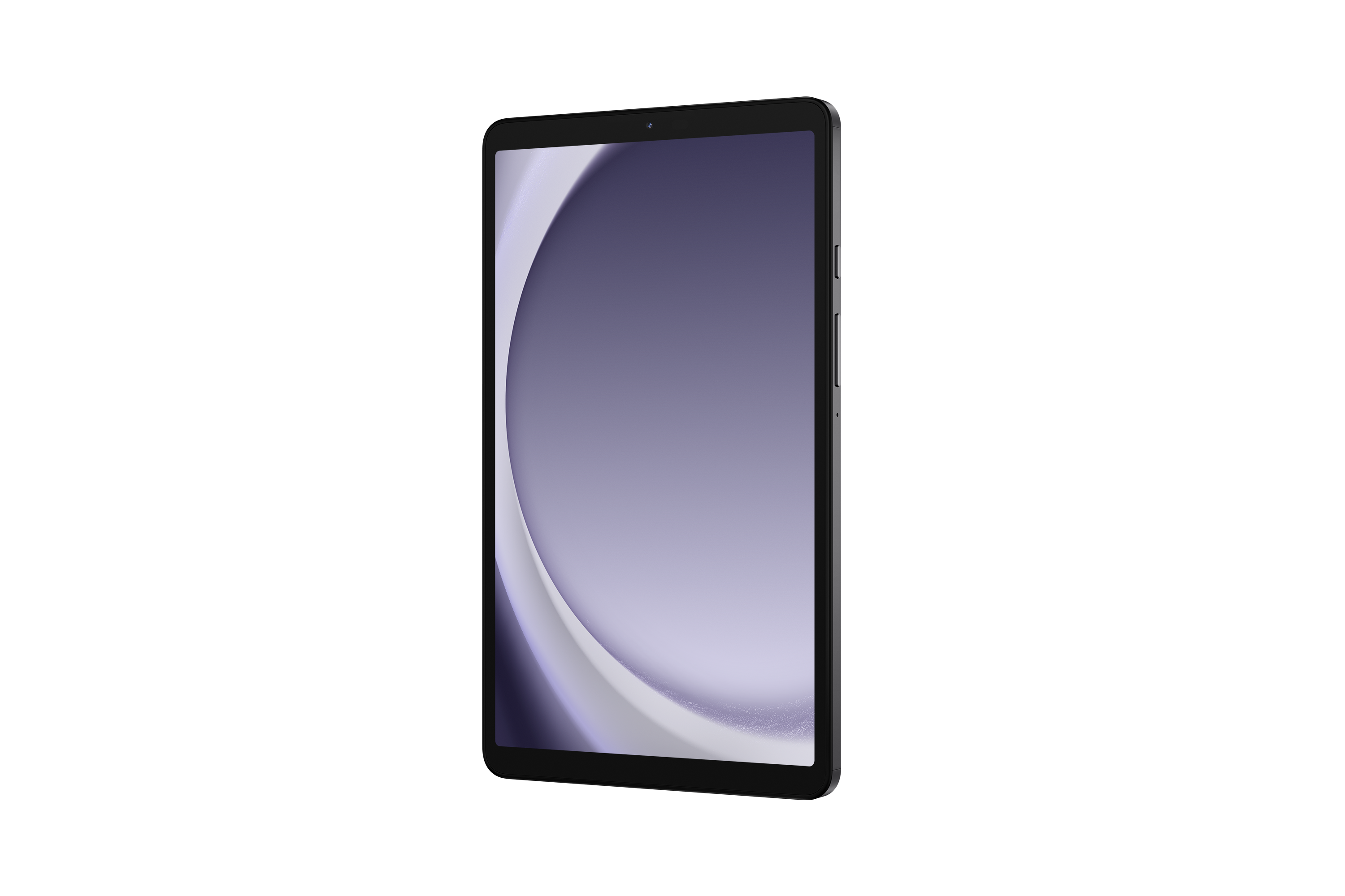 Czarny tablet z fioletowym wzorem na ekranie na czarnym tle.