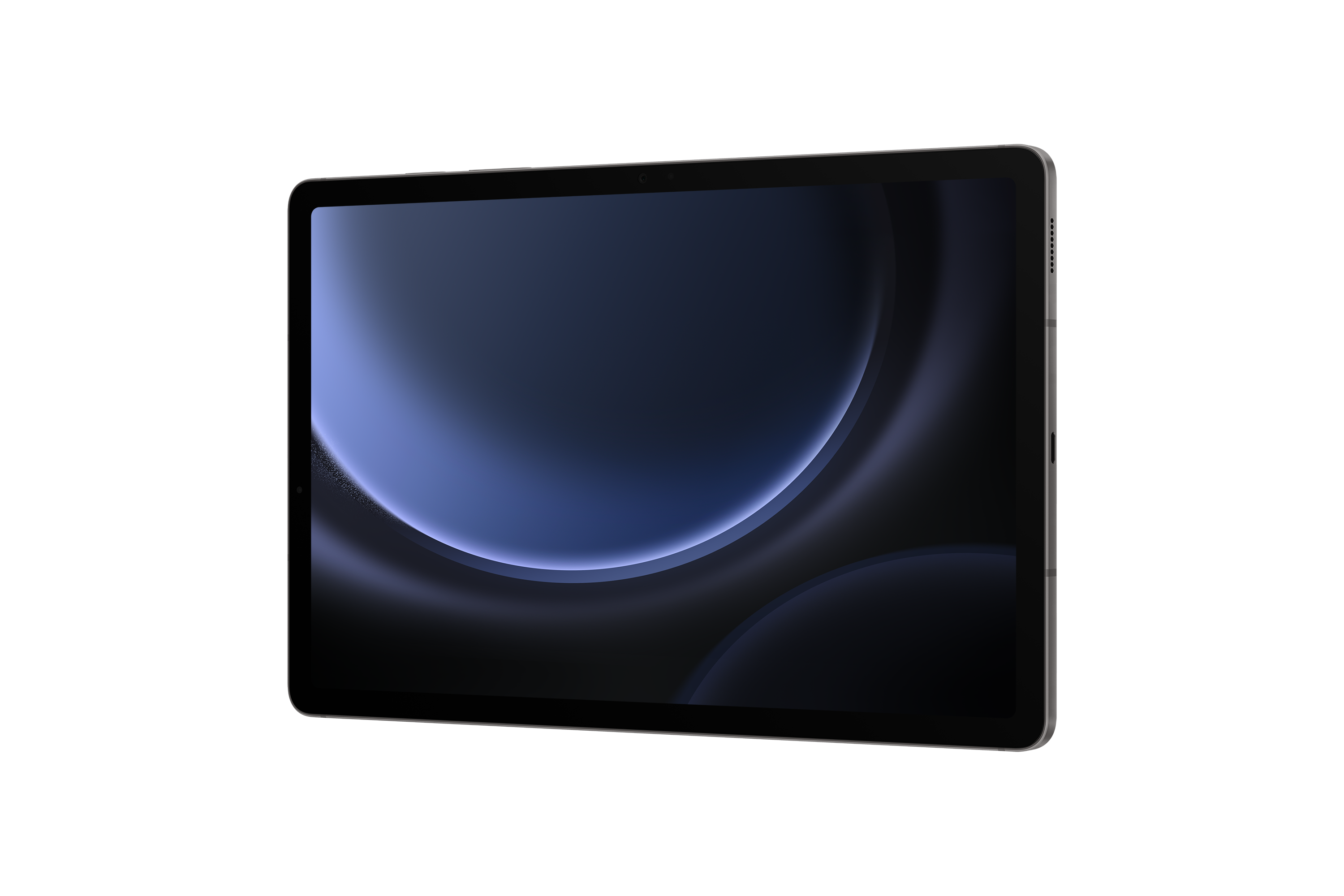 Ciemny tablet z abstrakcyjną niebieską tapetą. Czarne tło.