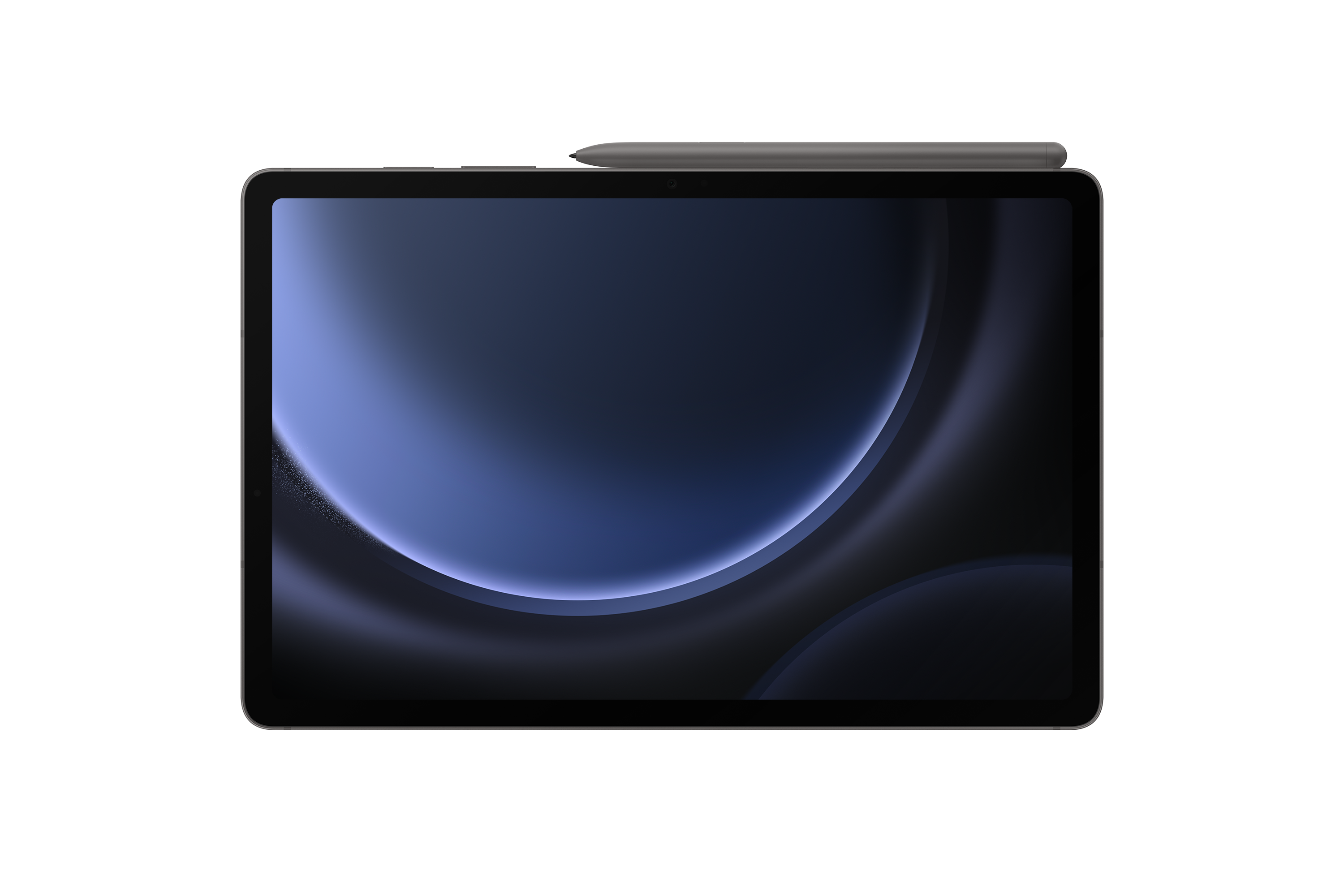 Tablet z rysikiem leżący na ekranie z niebieskim wzorem.