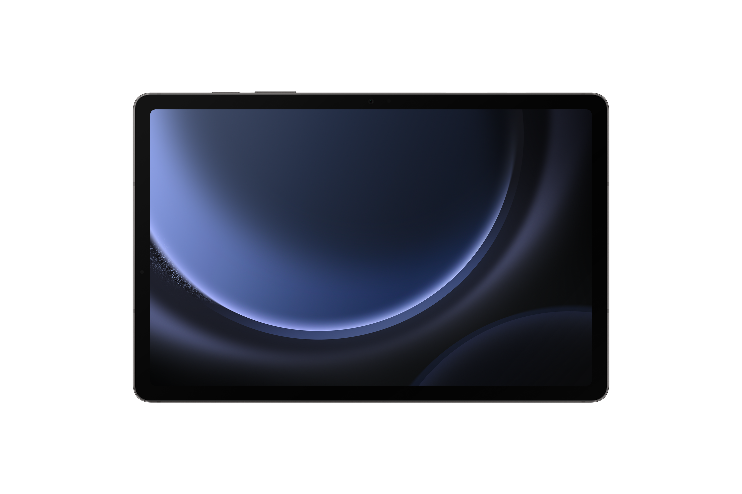 Tablet z ciemnoniebieską, abstrakcyjną tapetą z zakrzywionym światłem i cieniem.