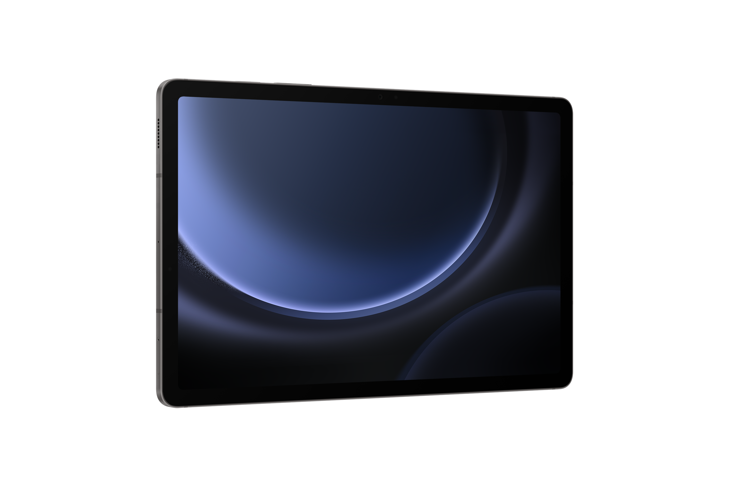 Tablet z ciemnym, abstrakcyjnym tłem na ekranie.