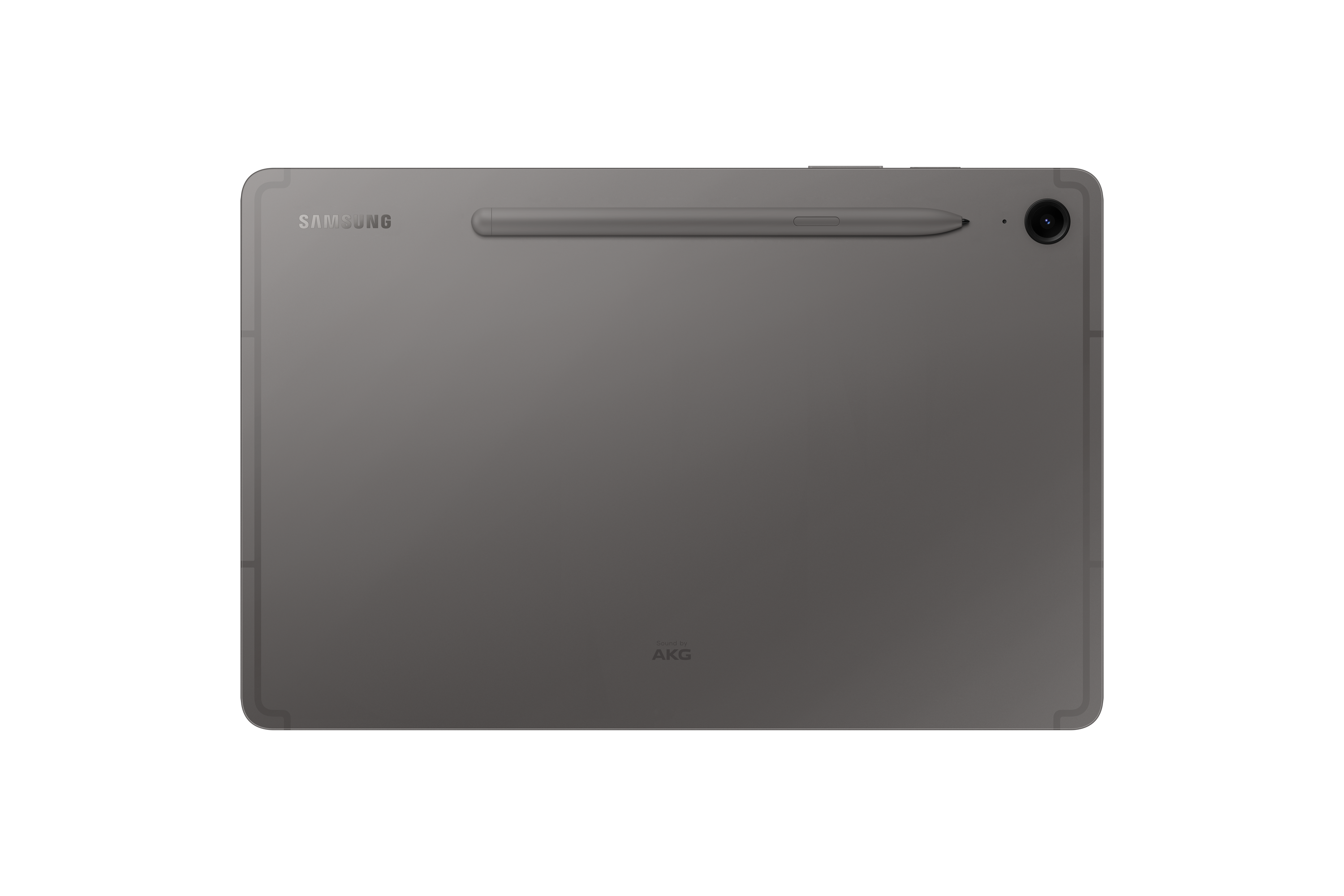 Szary tablet Samsung ze stylusem przymocowanym z tyłu. Widoczna kamera i logo AKG.
