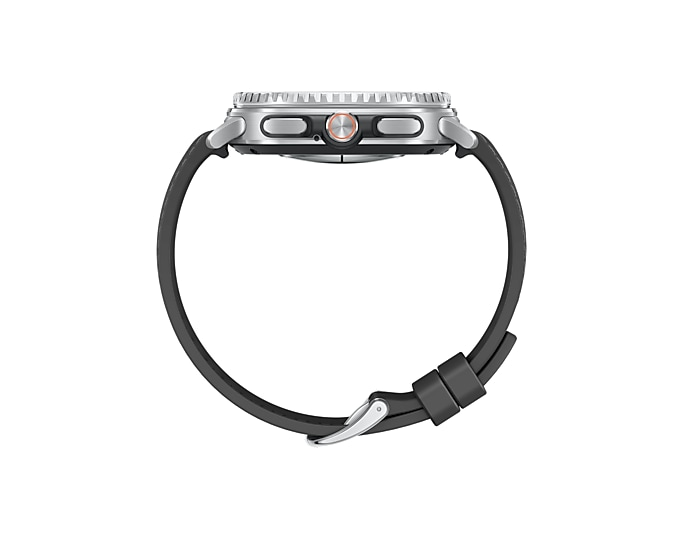 Srebrny smartwatch z czarnym paskiem, pokazany z boku.