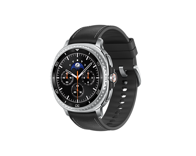 Smartwatch z czarną tarczą, srebrną obudową i czarnym skórzanym paskiem.