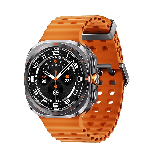 Smartwatch z pomarańczowym paskiem i czarną tarczą cyfrową pokazującą godzinę i pogodę.