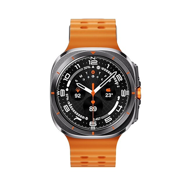 Pomarańczowy smartwatch z cyfrowym wyświetlaczem pokazującym 12, 23 stopnie i 89.