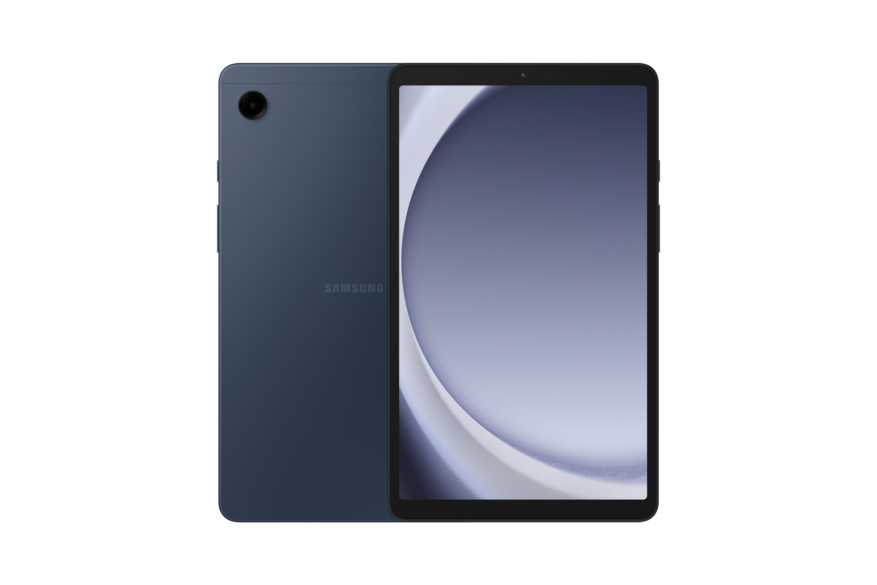 Niebieski tablet Samsung, widoczna przód i tył. Z aparatem i ekranem.
