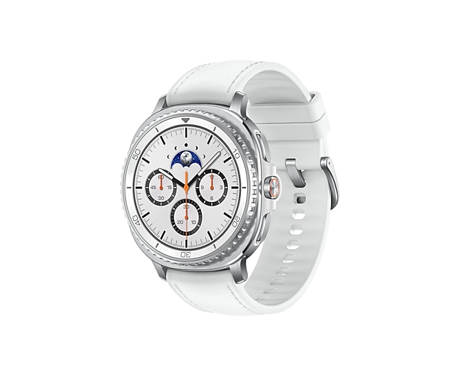 Biały smartwatch ze srebrną kopertą i wskaźnikiem faz księżyca na tarczy.