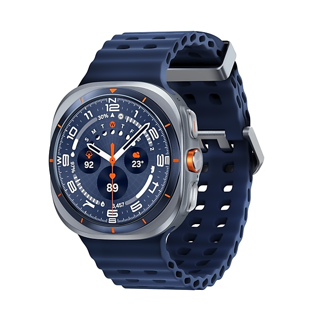 Niebieski smartwatch ze srebrną kopertą i pomarańczowymi akcentami na tarczy.