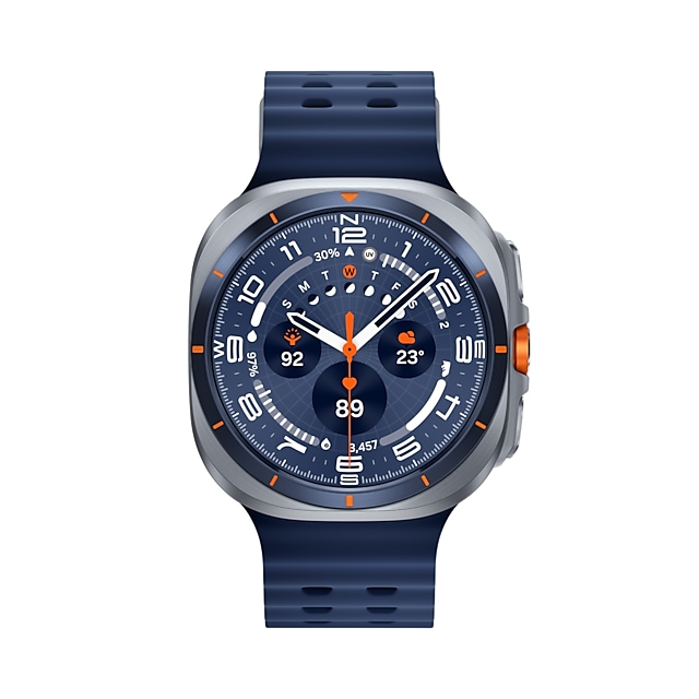 Smartwatch z niebieskim paskiem i srebrną kopertą. Tarcza wyświetla godzinę, datę i pogodę.