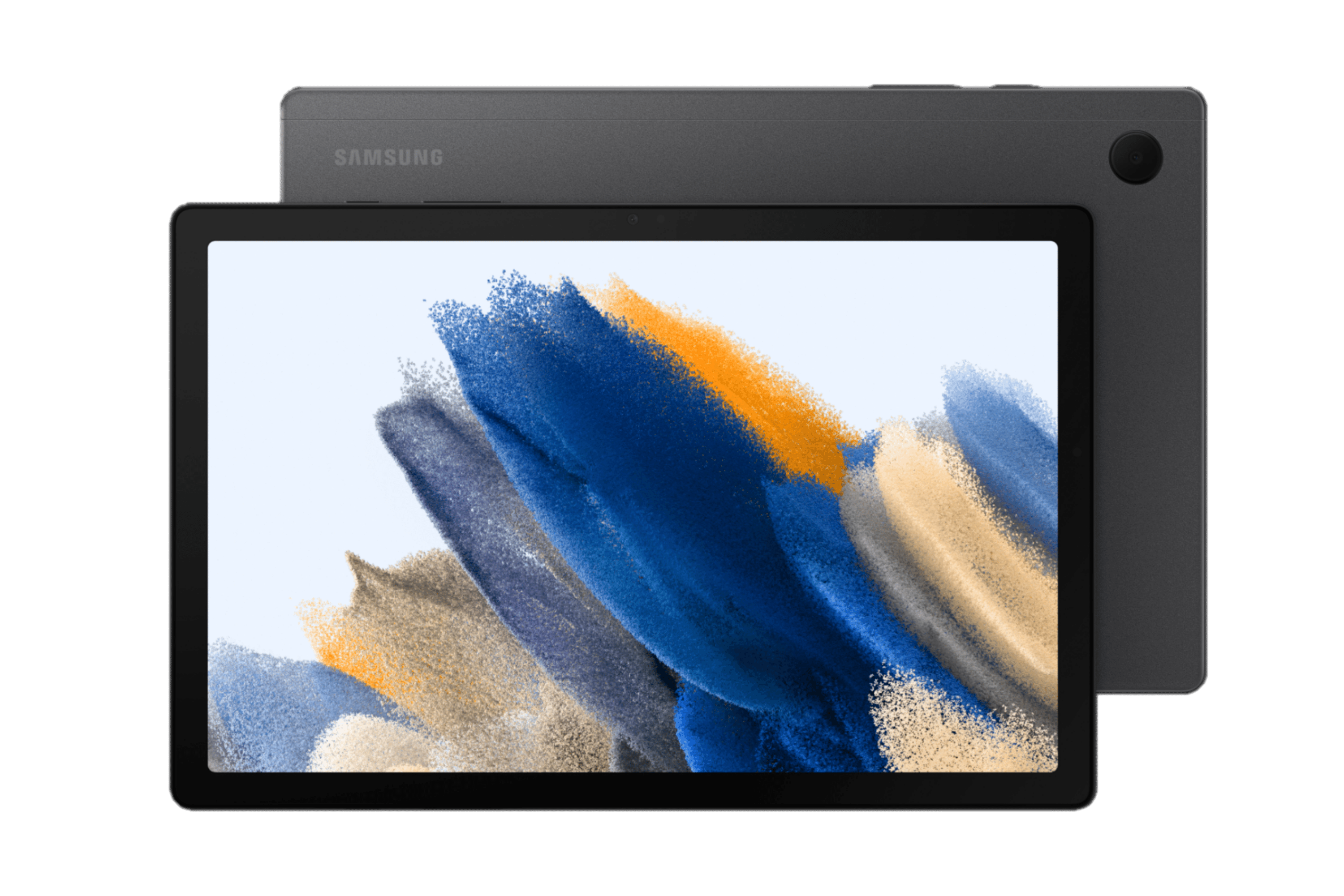 Szary tablet Samsung z kolorową abstrakcyjną tapetą.