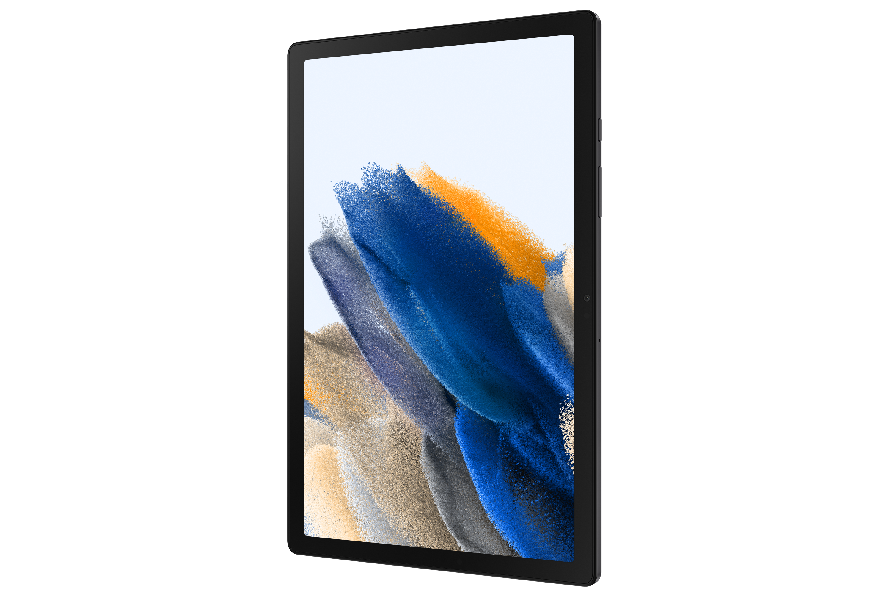 Czarny tablet z kolorową abstrakcyjną tapetą, pokazany z boku.