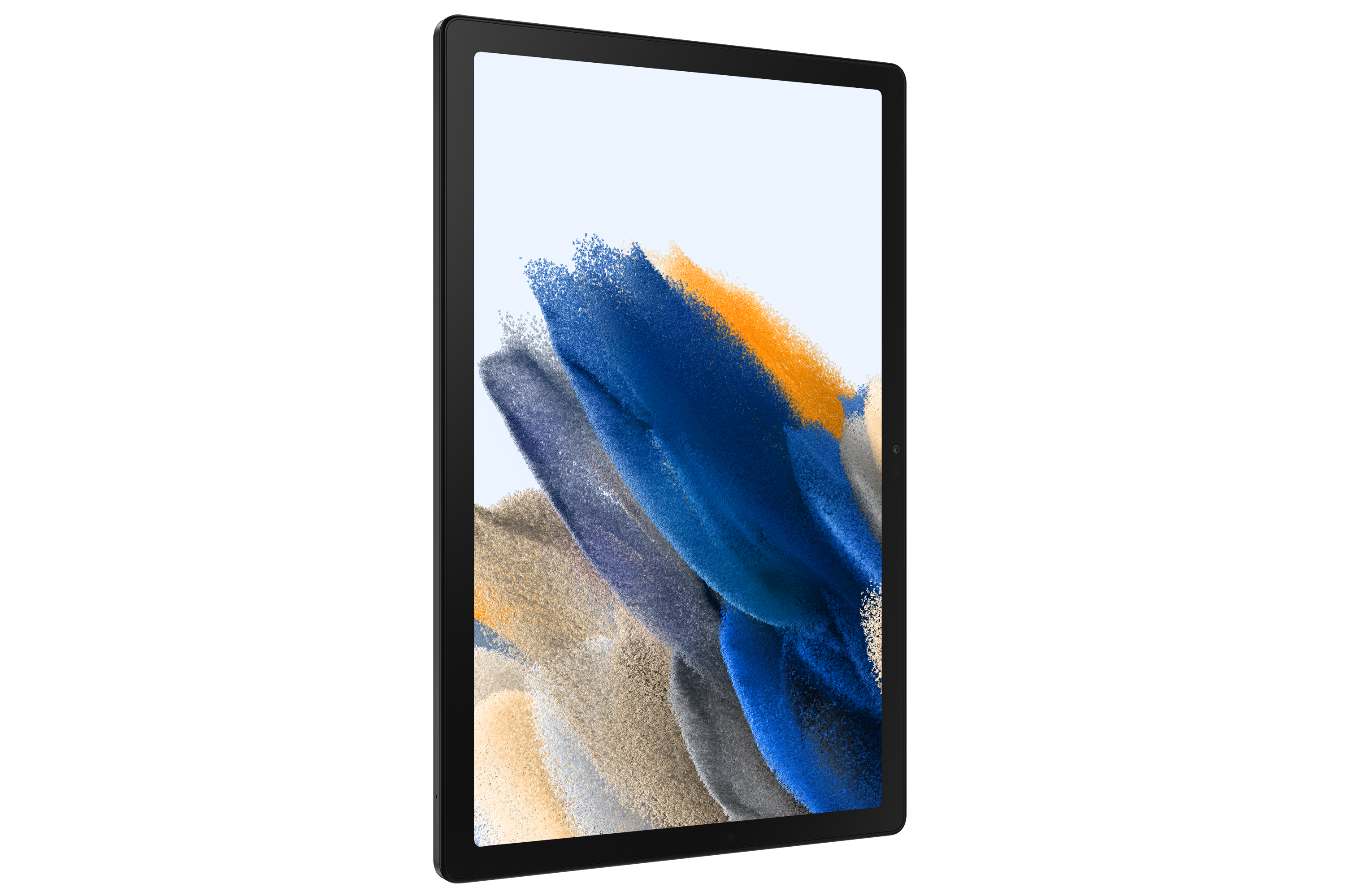 Czarny tablet wyświetlający abstrakcyjne, kolorowe tło na ekranie.