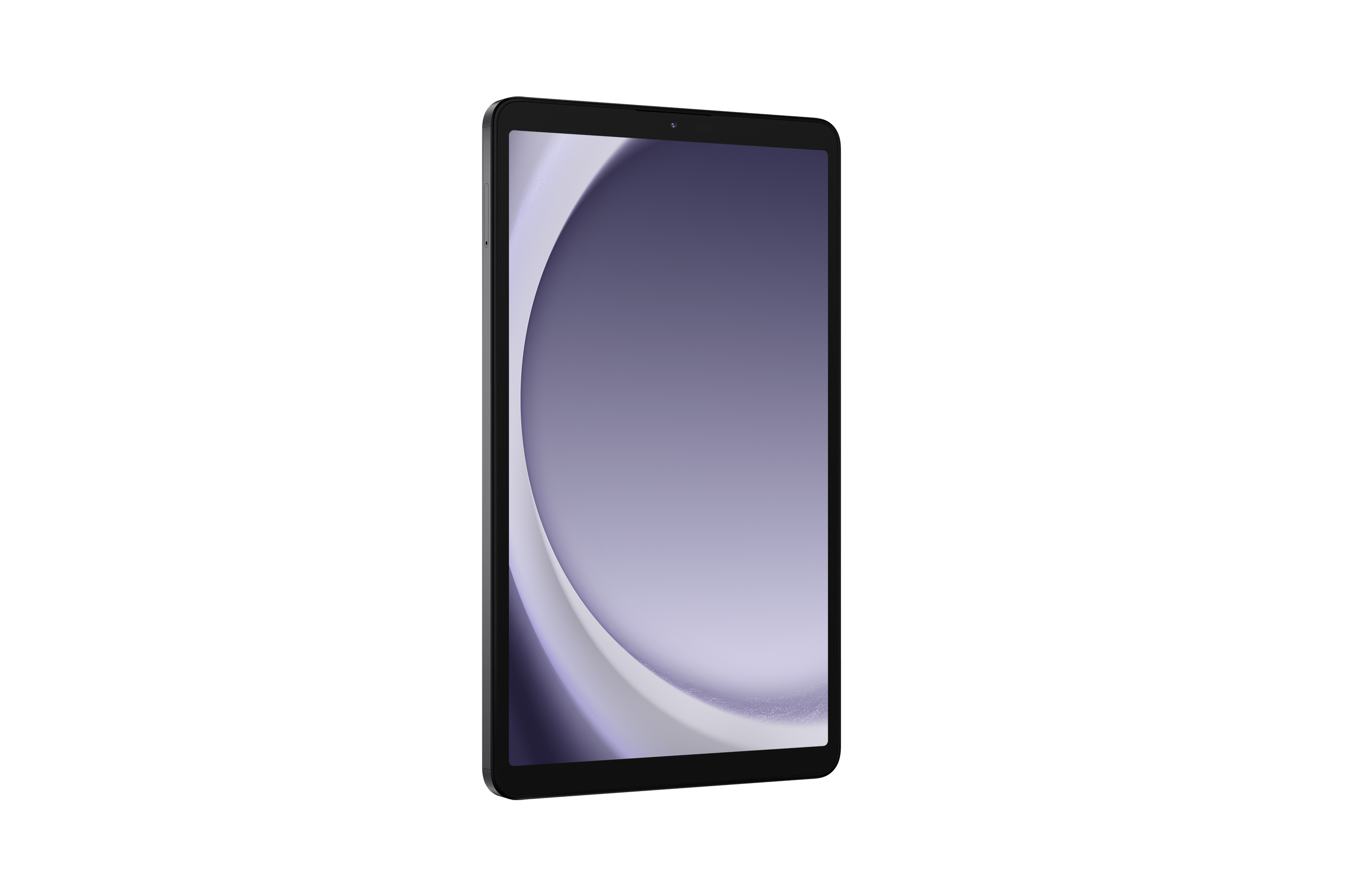 Czarny tablet z fioletowo-białym tłem, pokazany z prawej strony.