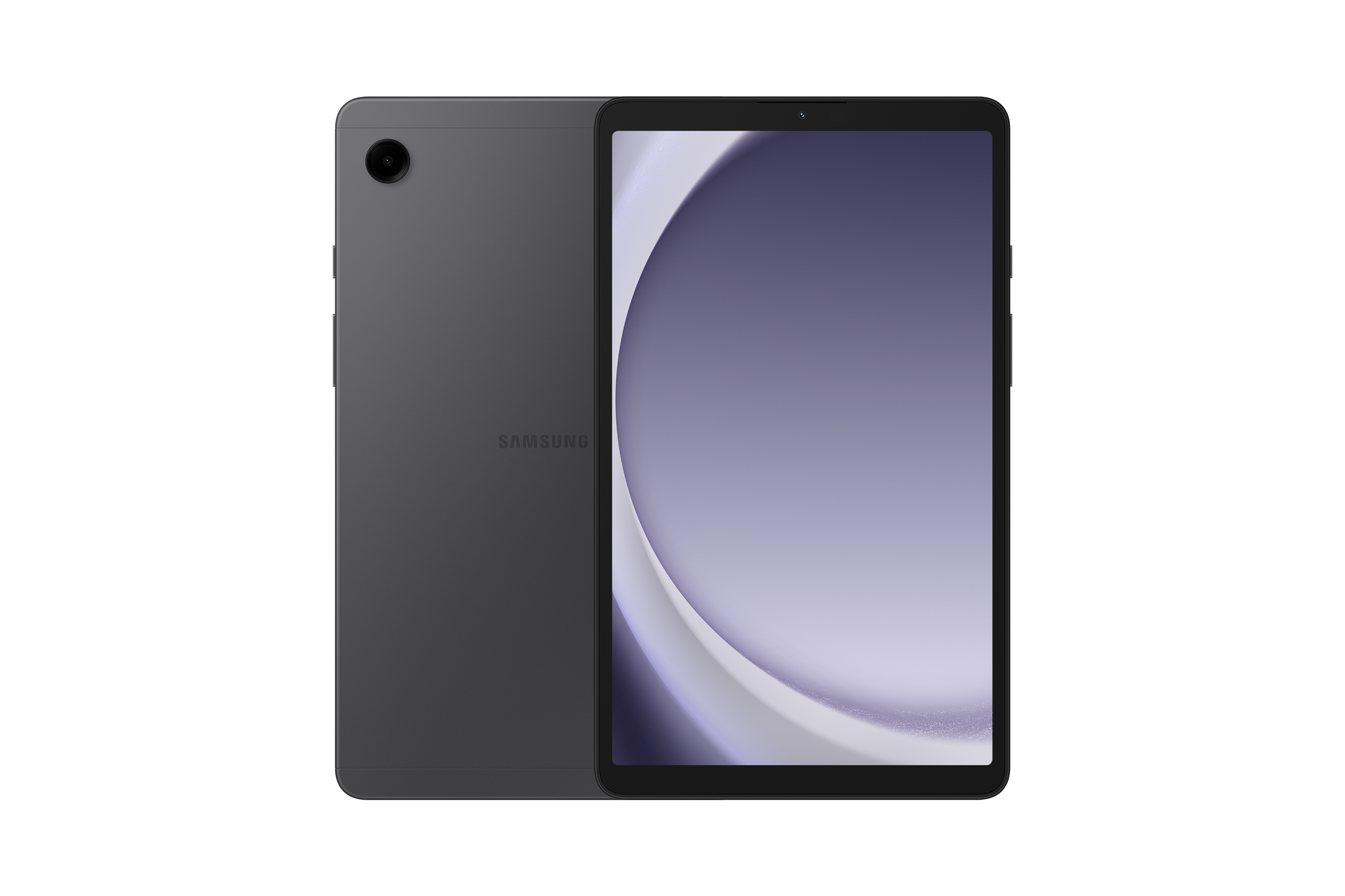 Szary tablet Samsung, widok z przodu i z tyłu obok siebie na czarnym tle.