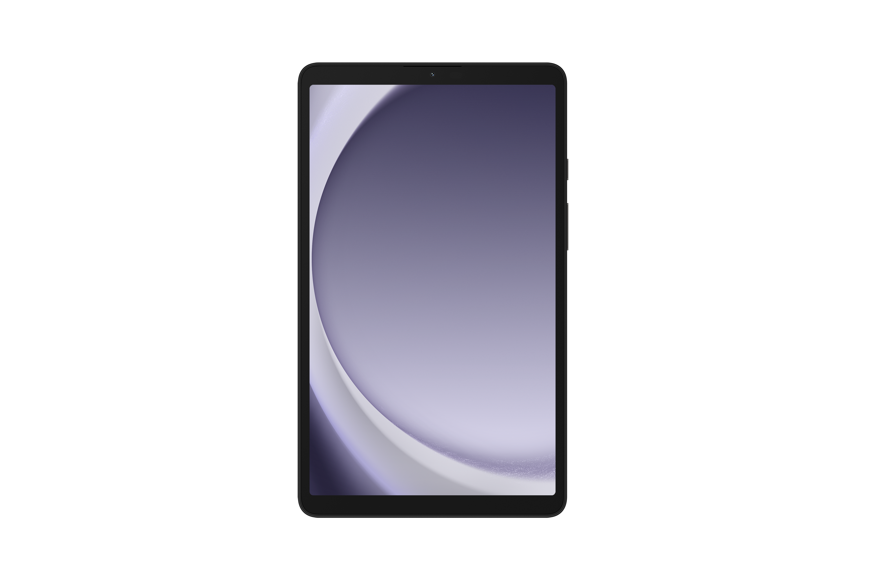 Czarny tablet z fioletowo-białym wzorem na ekranie.
