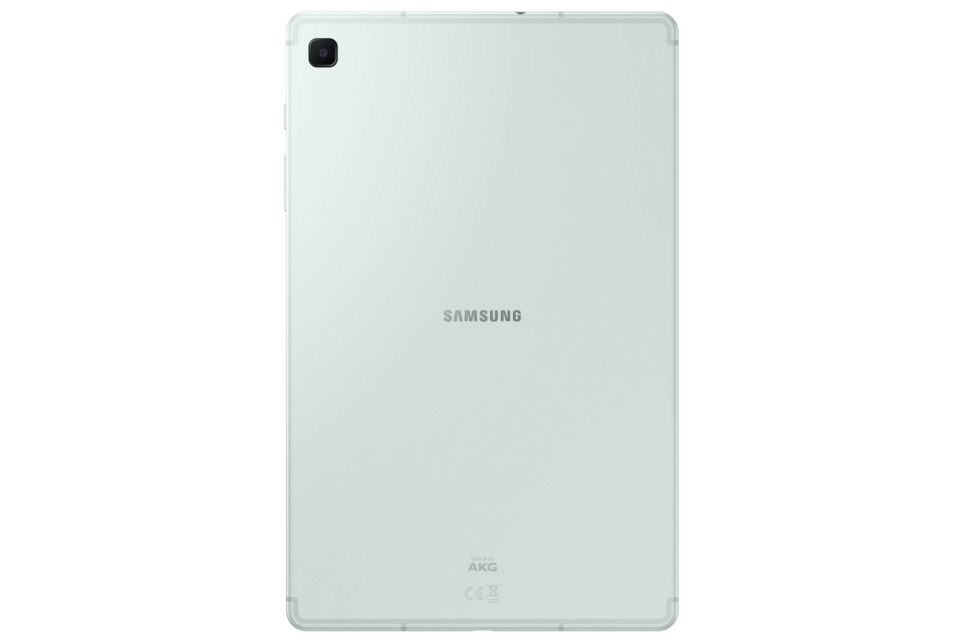 Tył jasnooliwkowej tabletki Samsung z modułem kamery i logo.