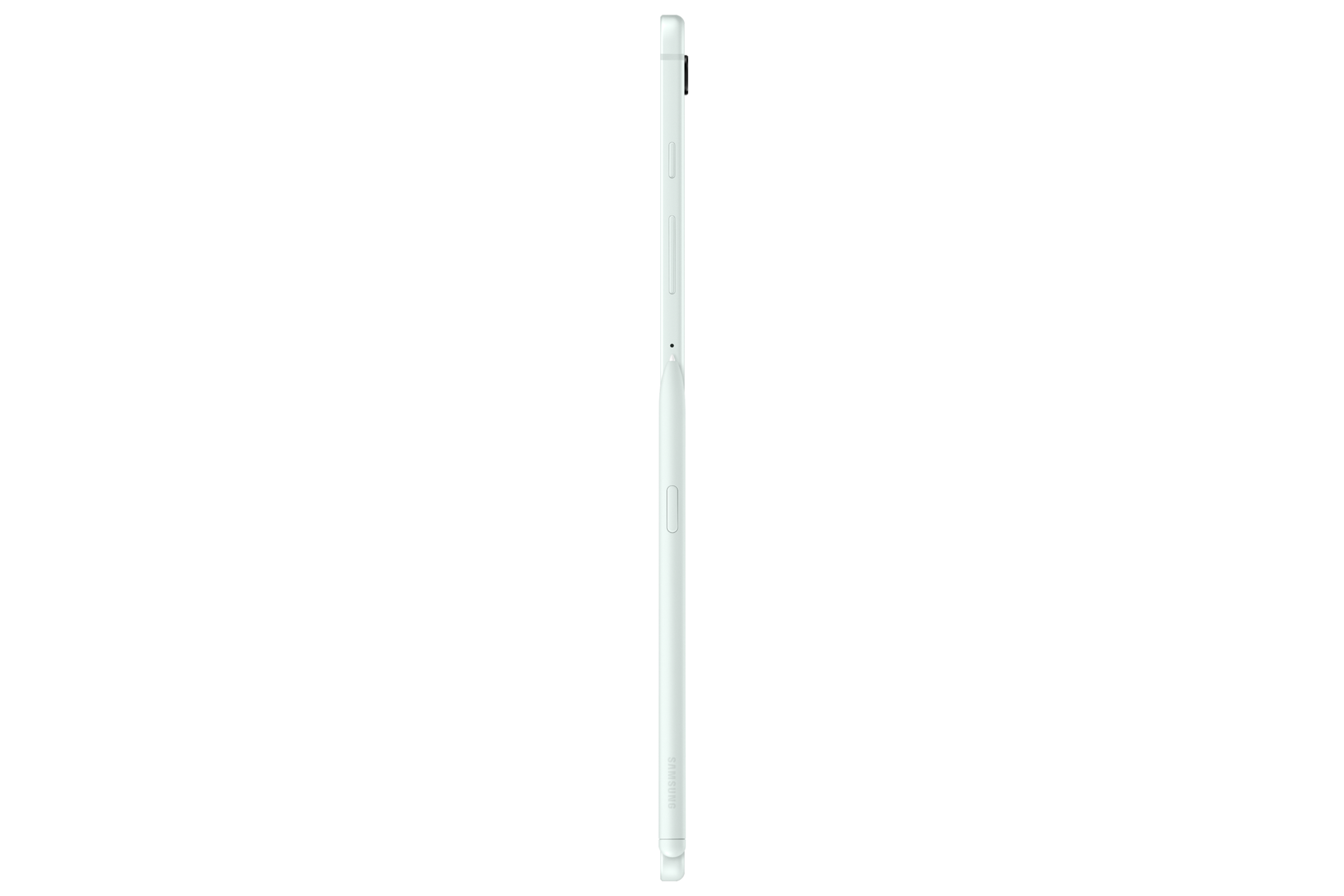 Biały rysik z przyciskiem i logo Samsung, pionowo na czarnym tle.