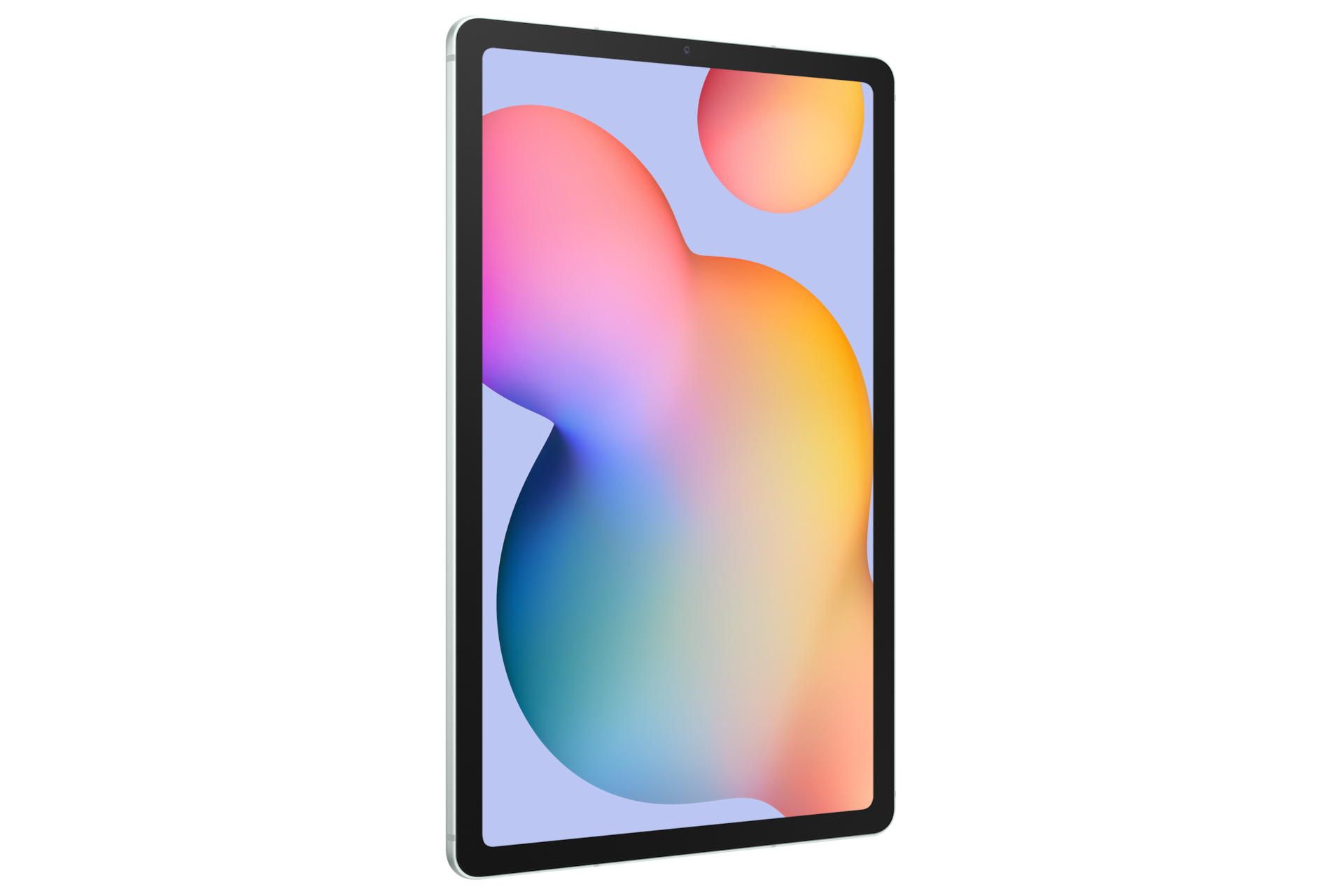 Jasnoszare tablet z kolorowym, abstrakcyjnym tłem na ekranie.
