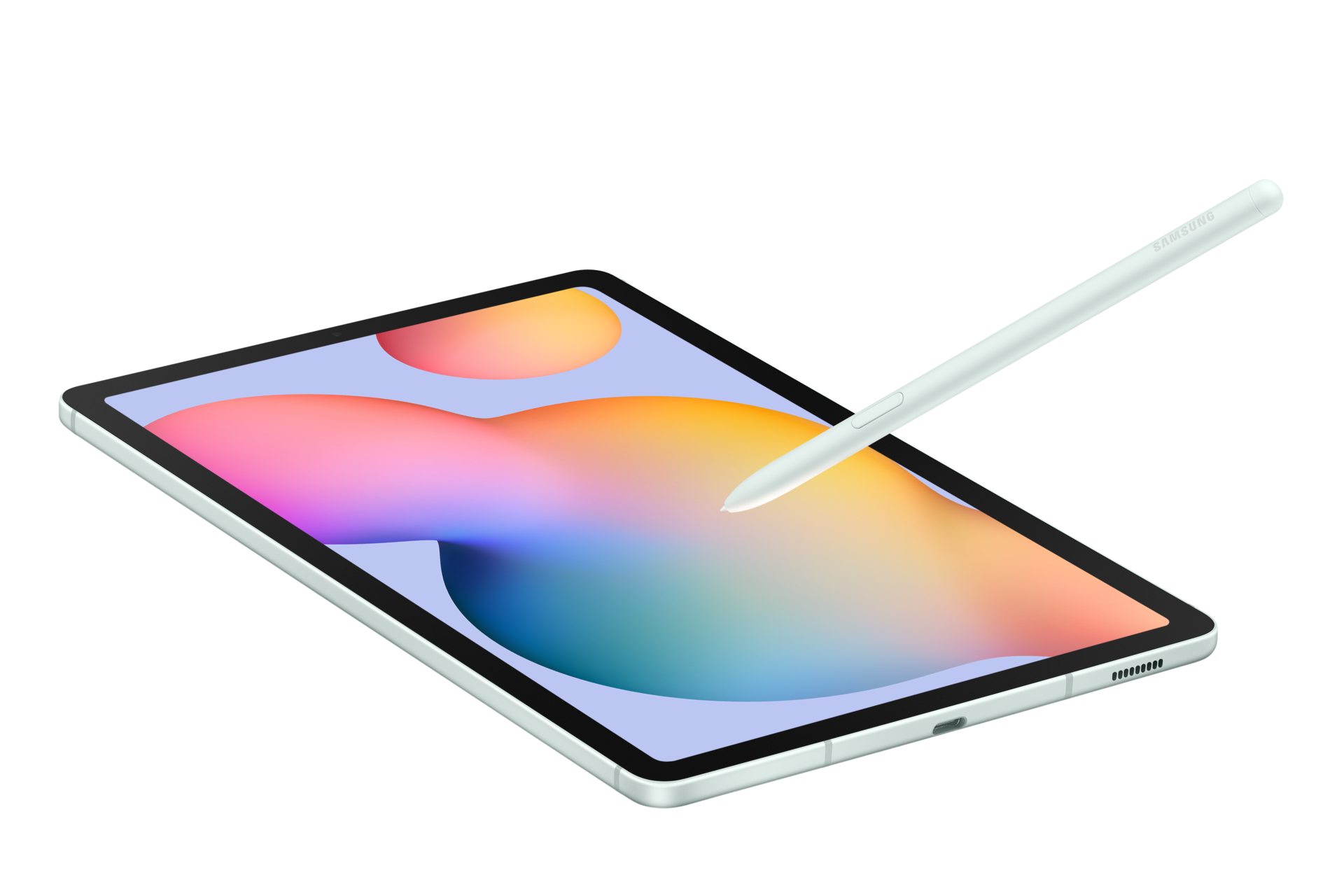 Jasnozielony tablet ze stylusem wskazującym na ekran.