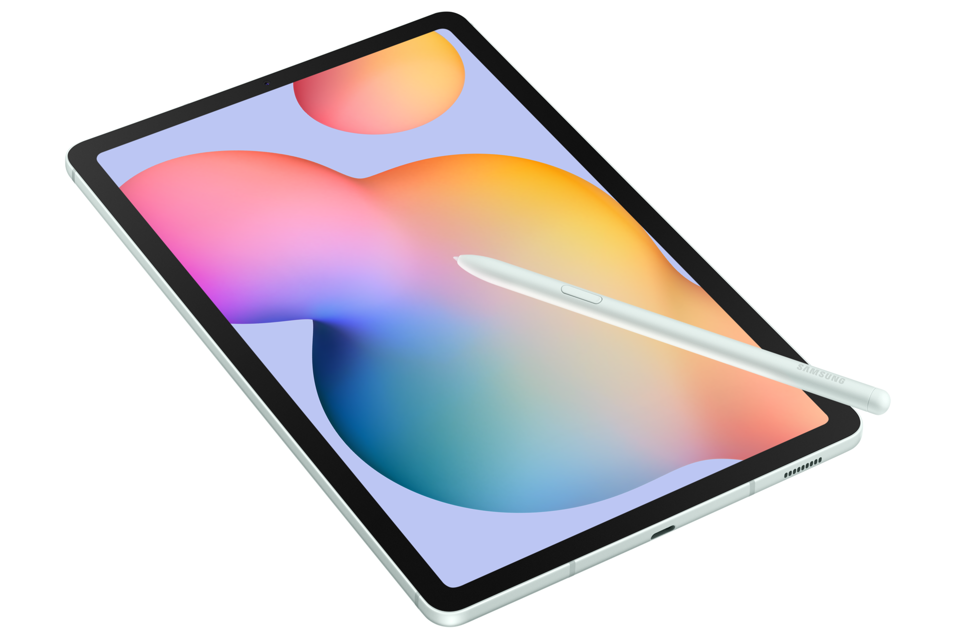 Jasnozielony tablet z białym rysikiem na ekranie wyświetlającym abstrakcyjną grafikę.