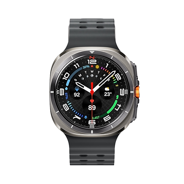 Szary smartwatch z cyfrowym cyferblatem wyświetlającym godzinę, datę i pogodę.
