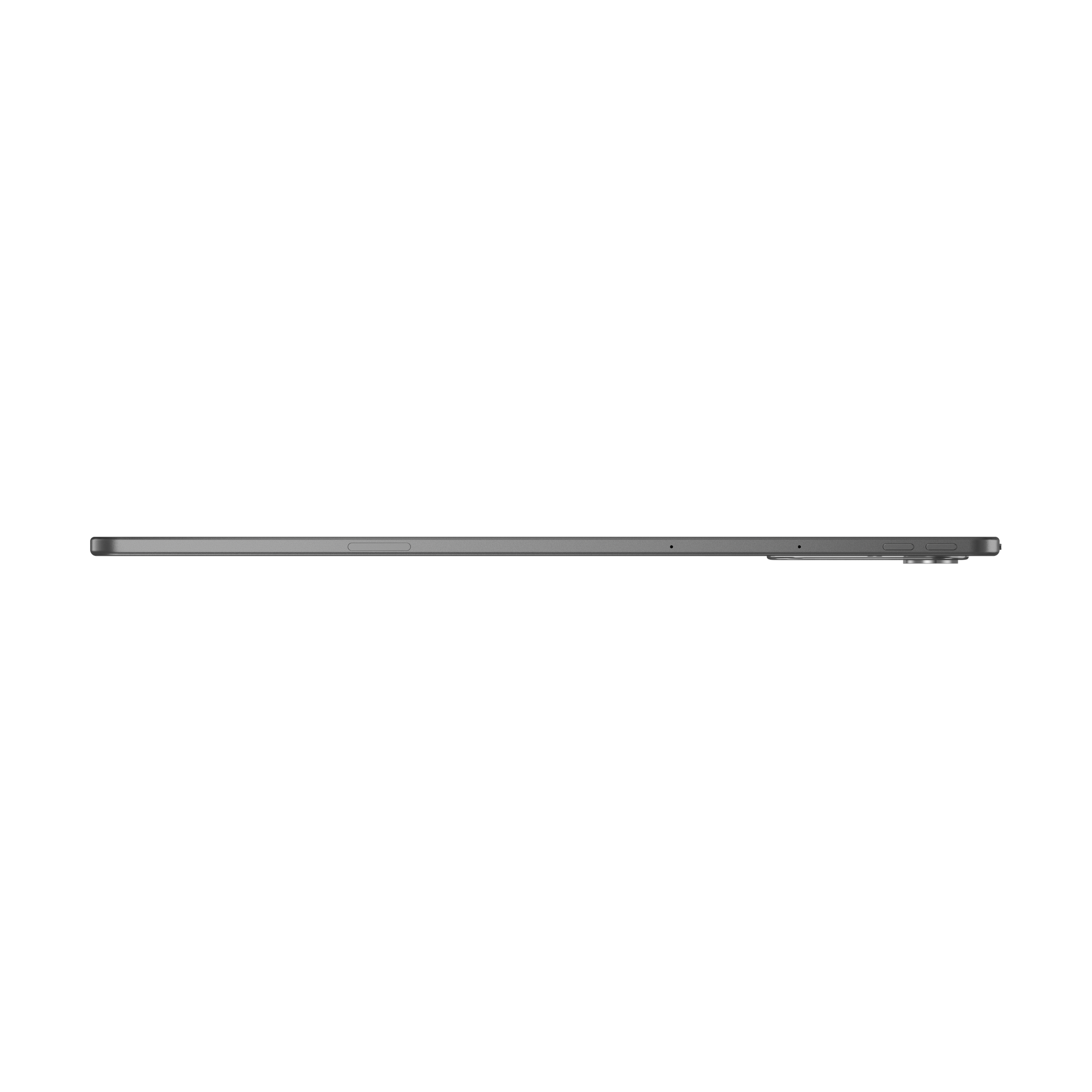 Graues Tablet von der Seite, mit Lautstärketasten und Ladeanschluss.