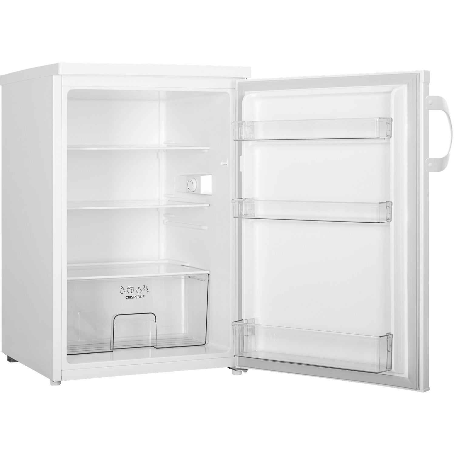 Open witte koelkast met planken en groentelade. Deur met doorzichtige vakken.