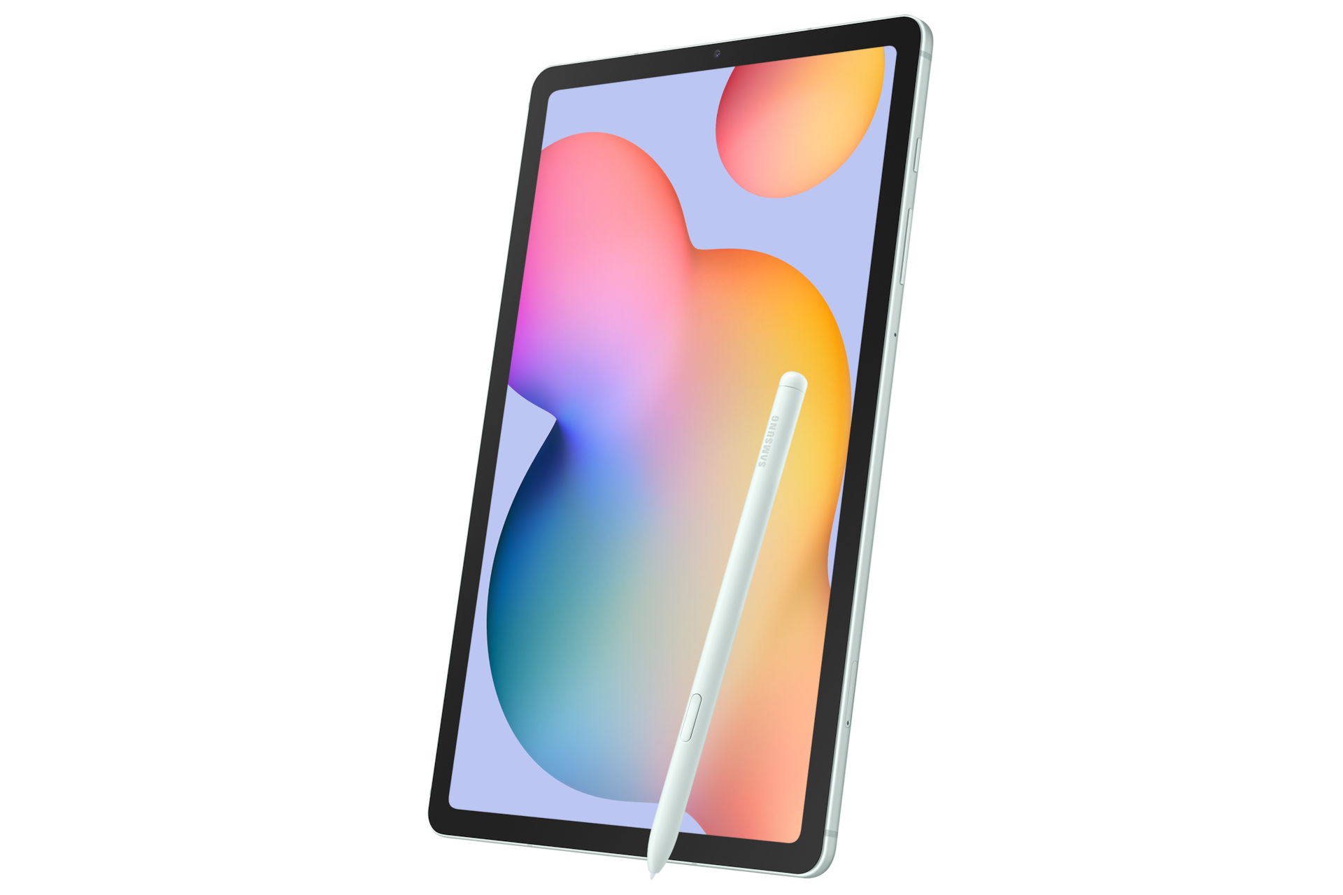 Jasnozielony tablet ze stylusem, na ciemnym tle.