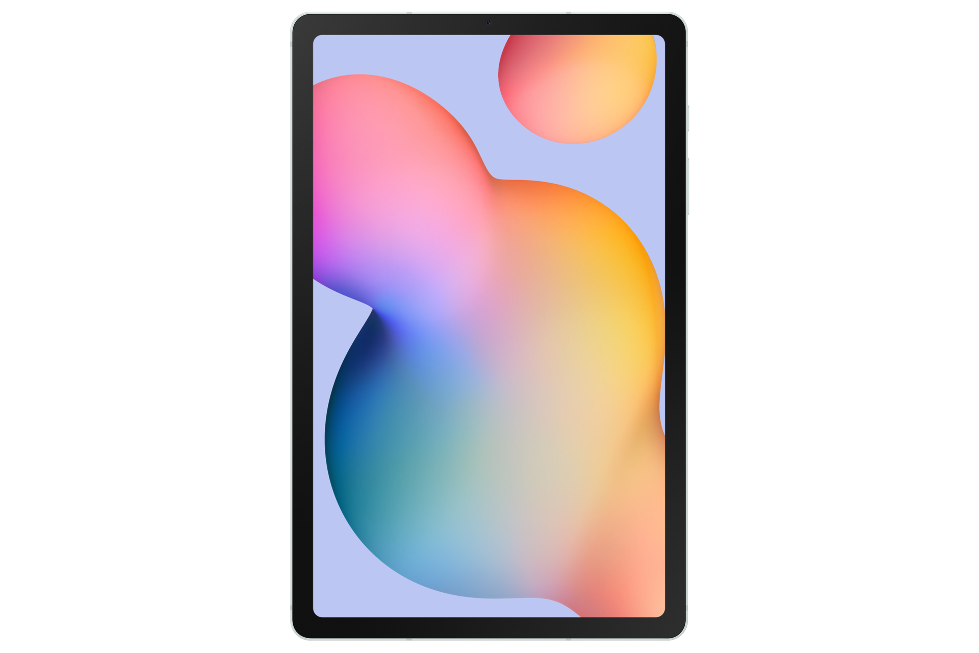 Tablet z kolorowym, abstrakcyjnym tłem z zaokrąglonymi kształtami.