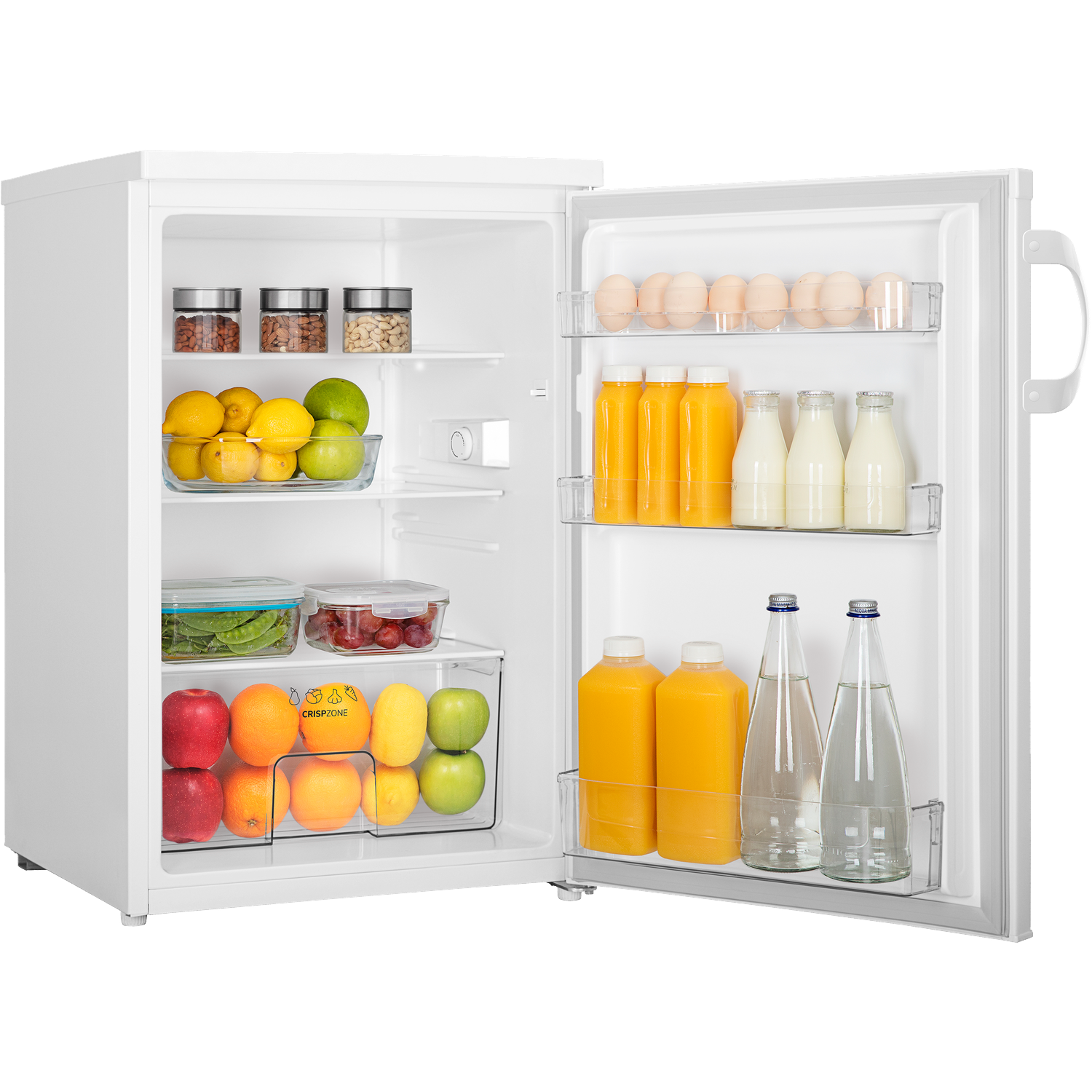 Een open witte koelkast met fruit, groenten, eieren en dranken.