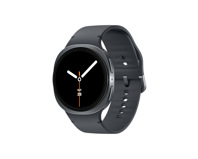 Szary smartwatch z czarną tarczą, białymi wskazówkami, pokazujący Sob 28.