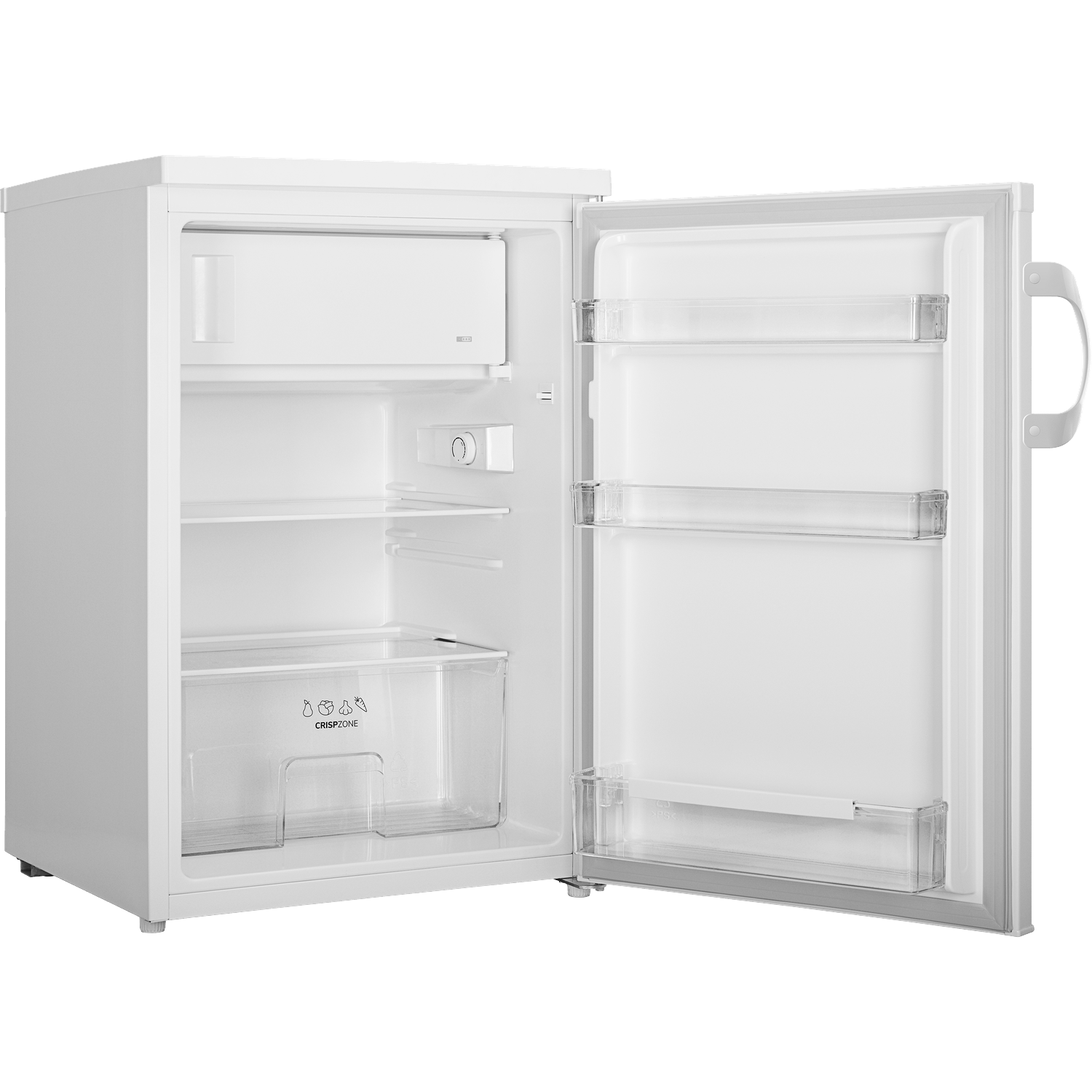 Een witte koelkast met de deur open, met duidelijke planken en lades binnenin.