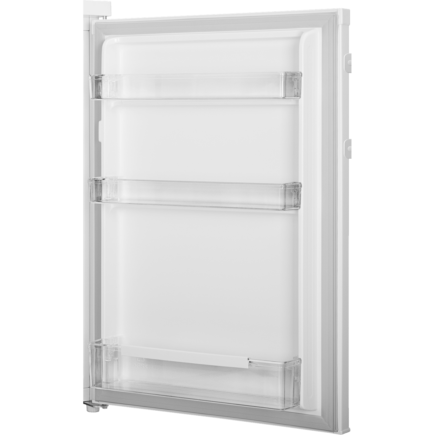 Binnenkant van een witte koelkast met doorzichtige planken.