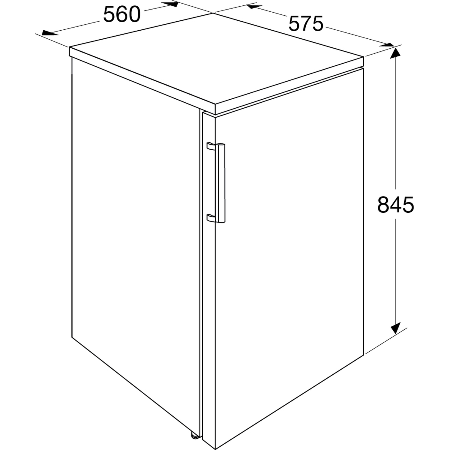 Tekening van een koelkast met afmetingen 560, 575 en 845.