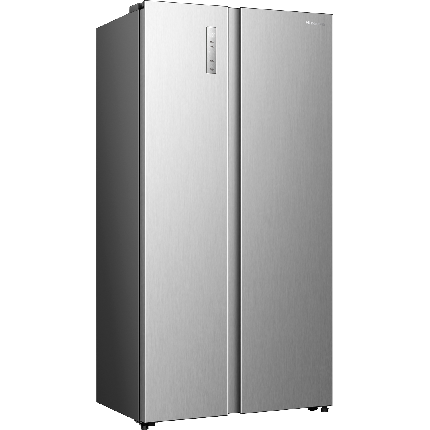 A silver Hisense side-by-side refrigerator standing on a white background.