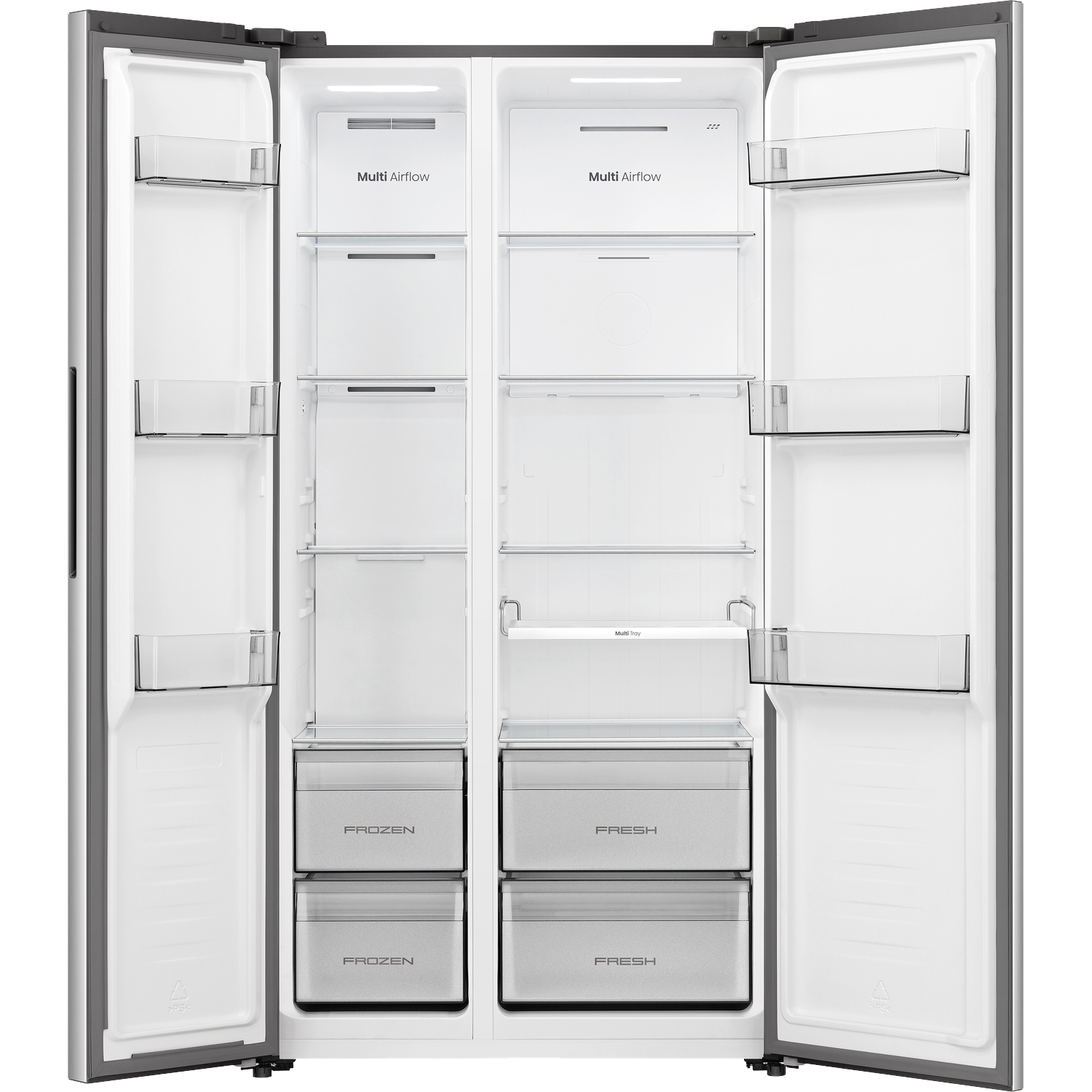 An open, empty, two-door refrigerator with shelves and drawers.