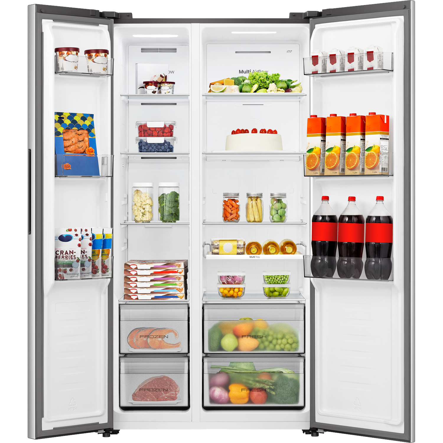 An open refrigerator stocked with food, including ice cream, berries, juice, and vegetables.