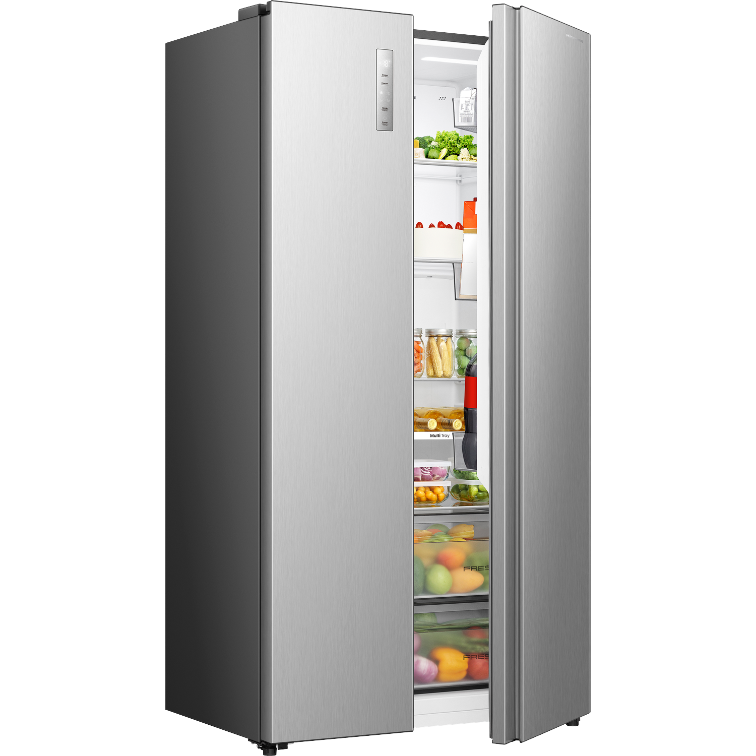 A silver refrigerator with open doors, filled with food items.