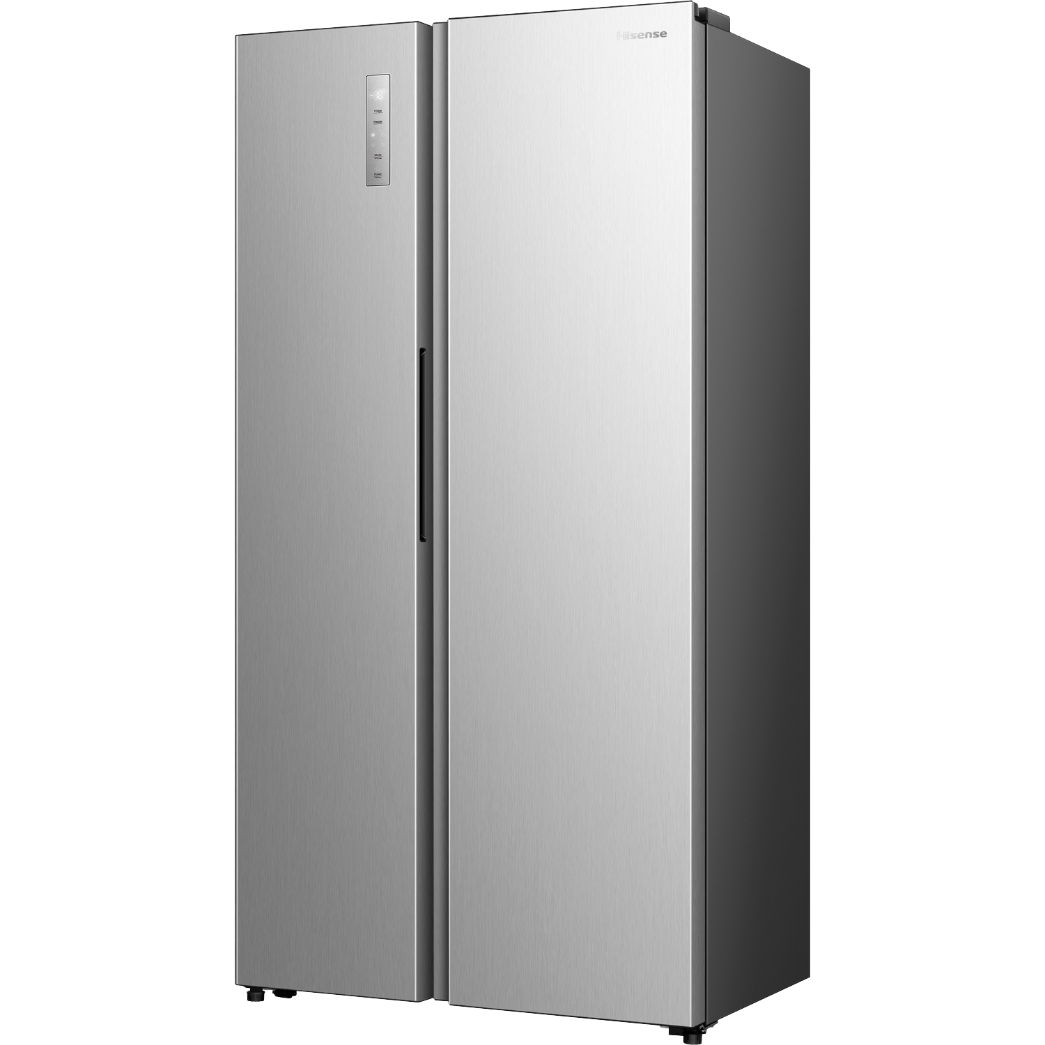A silver side-by-side refrigerator with a digital display and handles.