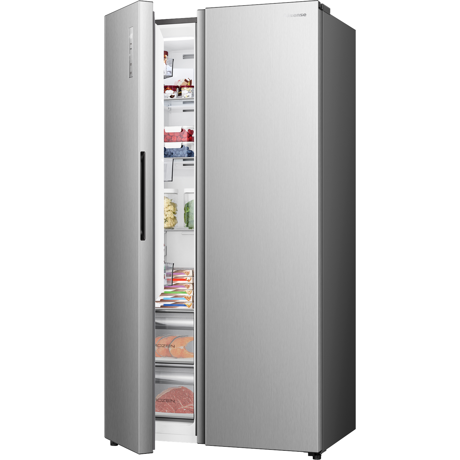 A brushed silver Hisense side-by-side refrigerator with the left door open, showing food items.