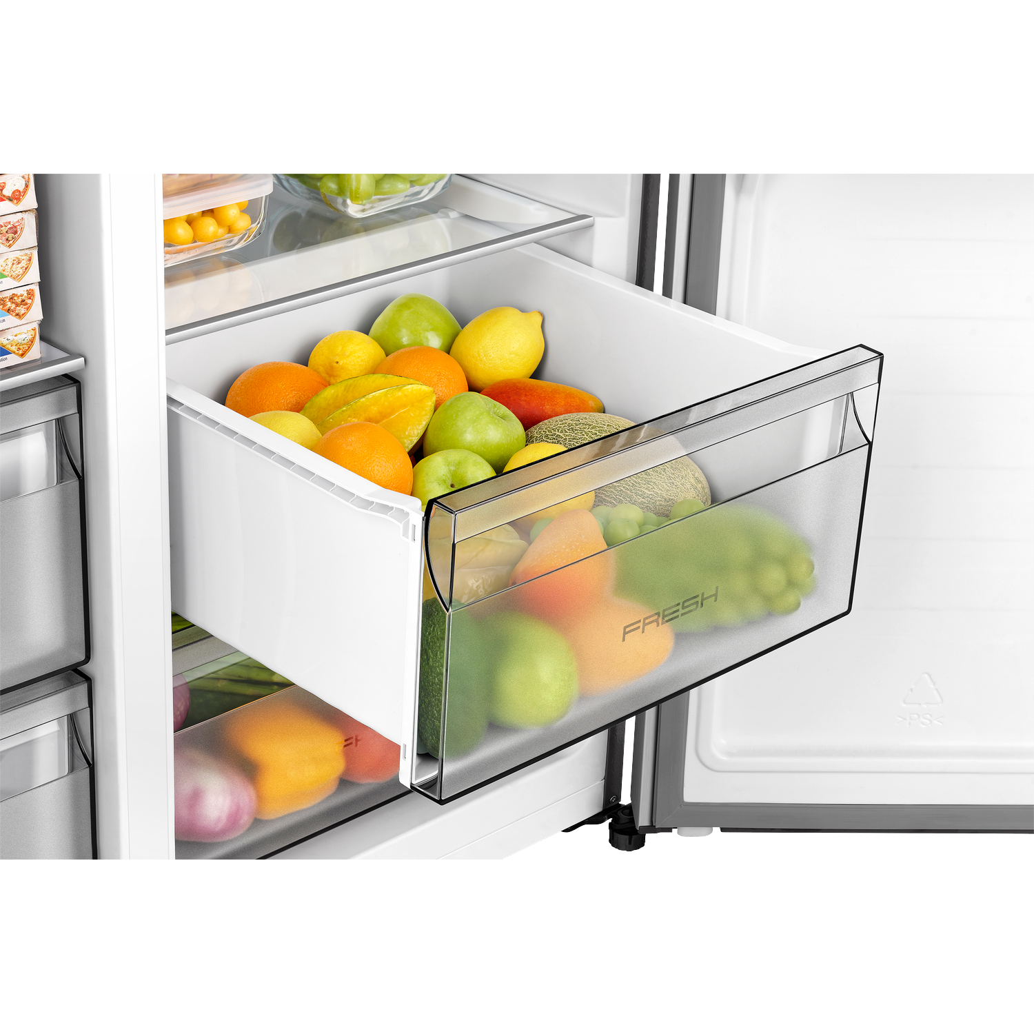 Open refrigerator drawer filled with fresh fruits: apples, oranges, lemons, melons, and grapes.