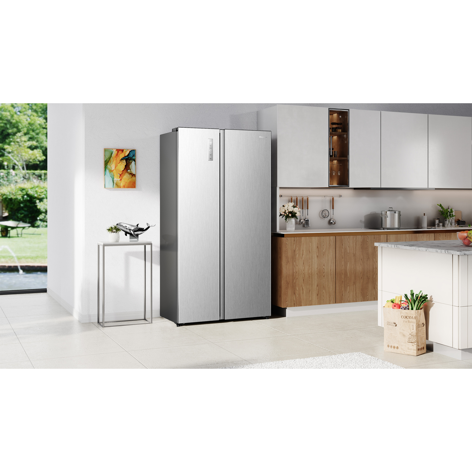A modern kitchen with a stainless steel refrigerator, wooden cabinets, and a window view.